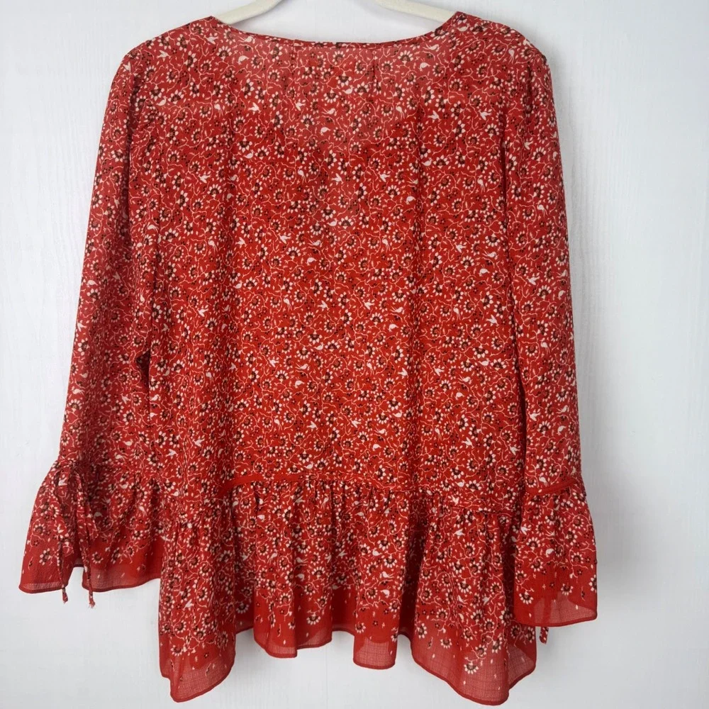 Max‎ Studio Women Red Sz XL Peasant blouse bell sleeves tiered/ruffle hem